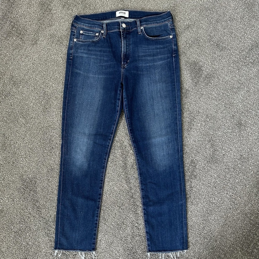 Agolde Sophie Crop Jeans Size 31 Dark Wash Frayed Hem Skinny Leg Mid-Rise Blue - Picture 2 of 12